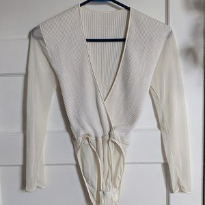 Cosabella 90s Vintage Bodysuit, Ribbed Cotton & Mesh Long Sleeve, Hi Cut Leg